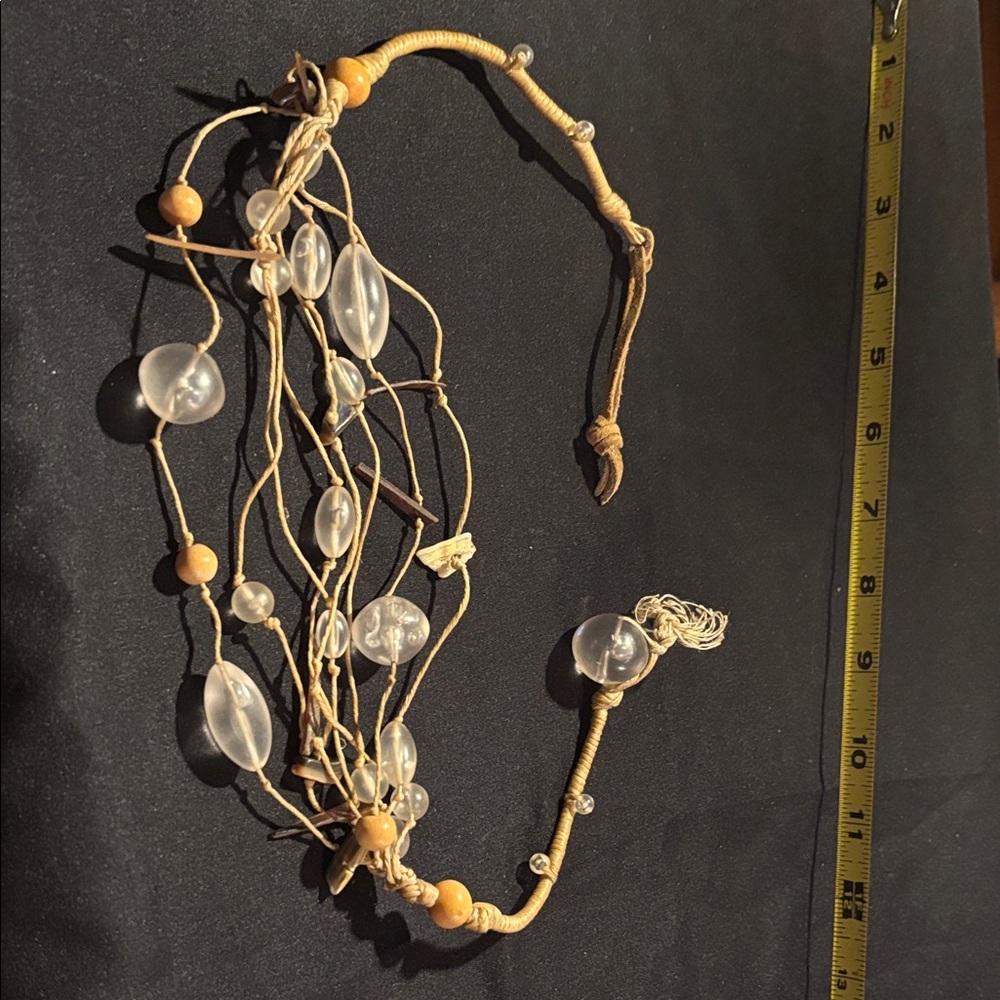 Hobo Multi-Strand Necklace with Clear and Tan Beads, shells, leather